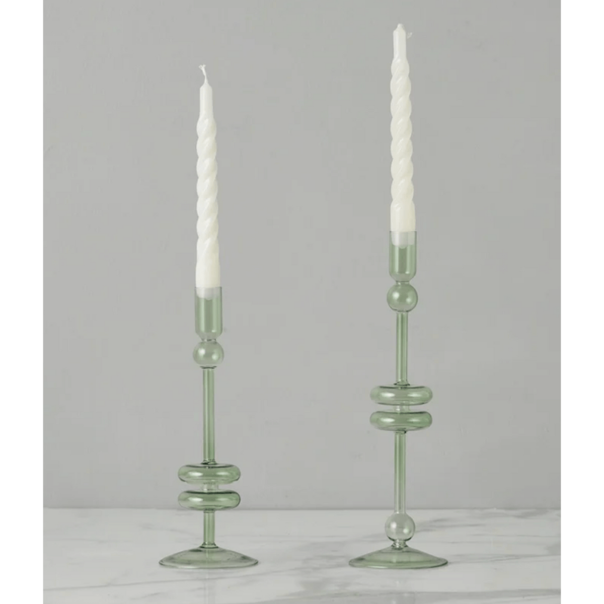 Sage Glass Candlestick Pair, Medium