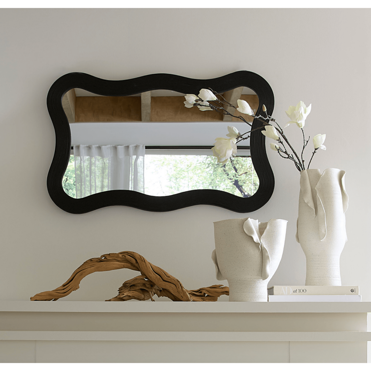 Dali Wavy Bamboo Wall Mirror, Black and Natural