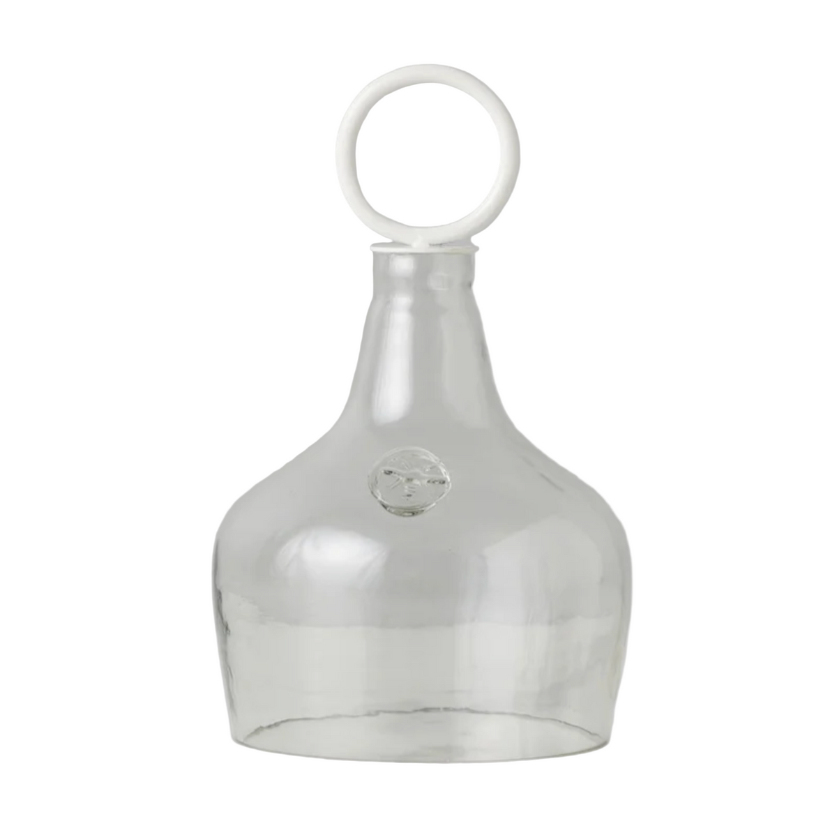 Clear glass food cover with a white ring handle on a white background