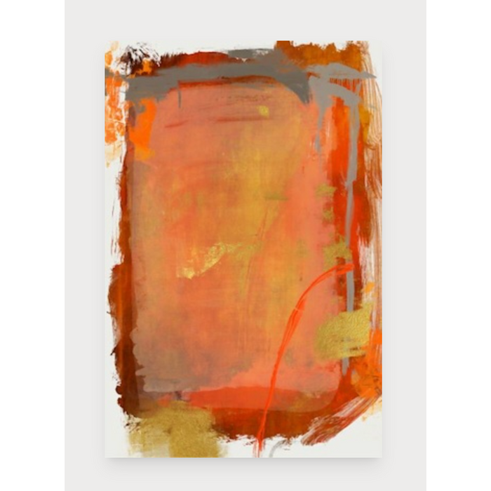 Abstract art piece with orange, red, and yellow colors on a white background