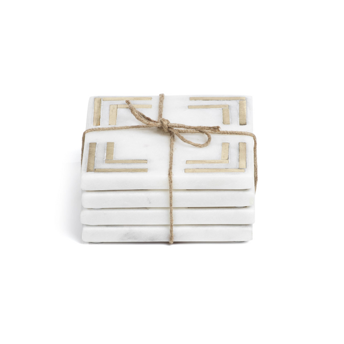 Ivory Square Marble Coasters w/ Gold Inlay, Set of 4
