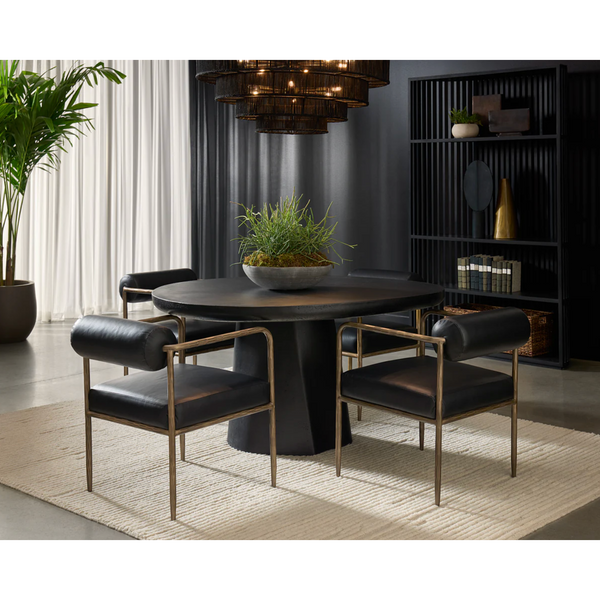 Ajani Black Leather & Iron Dining Armchair
