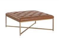 Endall Square Upholstered Ottoman, Brass & Vintage Camel Leather