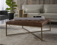 Endall Square Upholstered Ottoman, Brass & Vintage Camel Leather