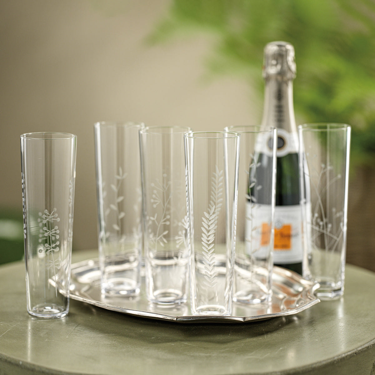 Assorted Botanical Etched Flutes, Set of 6