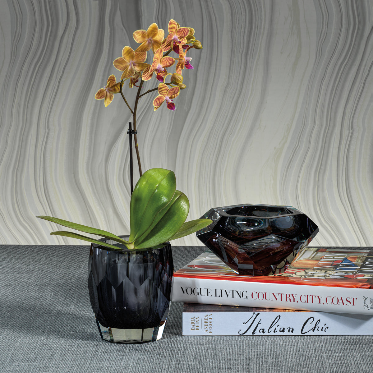 La Boheme Gray Hand Made Cut Polished Glass Vase/Hurricane