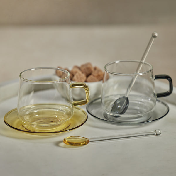 Bagliano Grey Glass Tea & Coffee Cups and Saucers, Set of 4