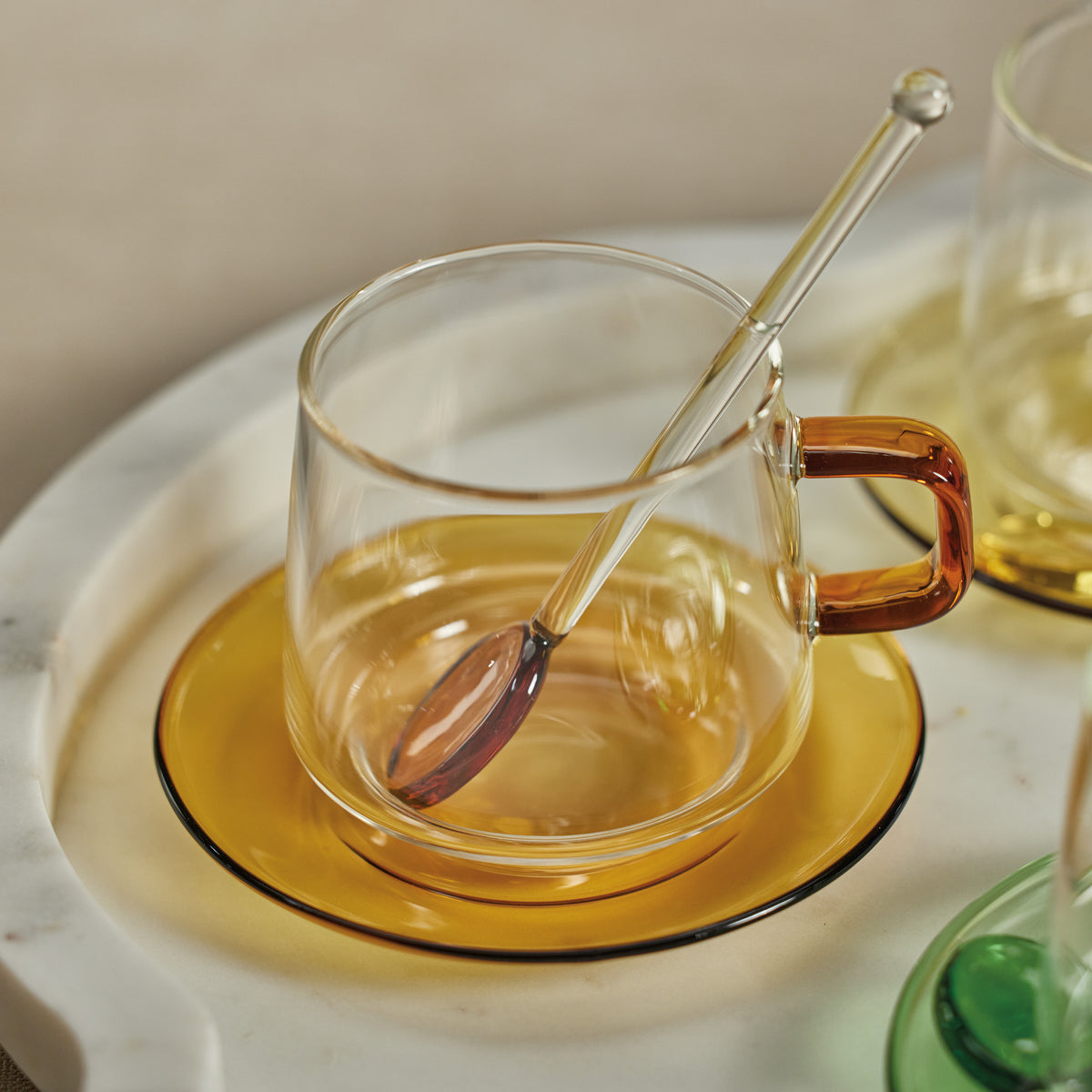 Bagliano Amber Glass Tea & Coffee Cups and Saucers, Set of 4