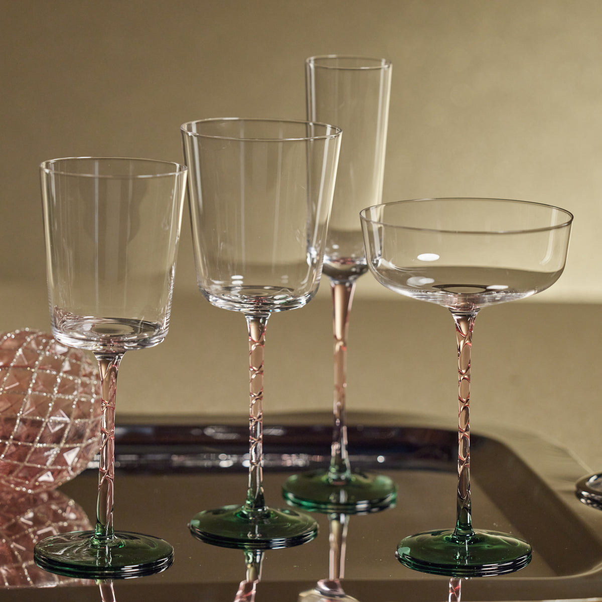 Sachi Green & Pink Cocktail / Martini Glasses, Set of 4