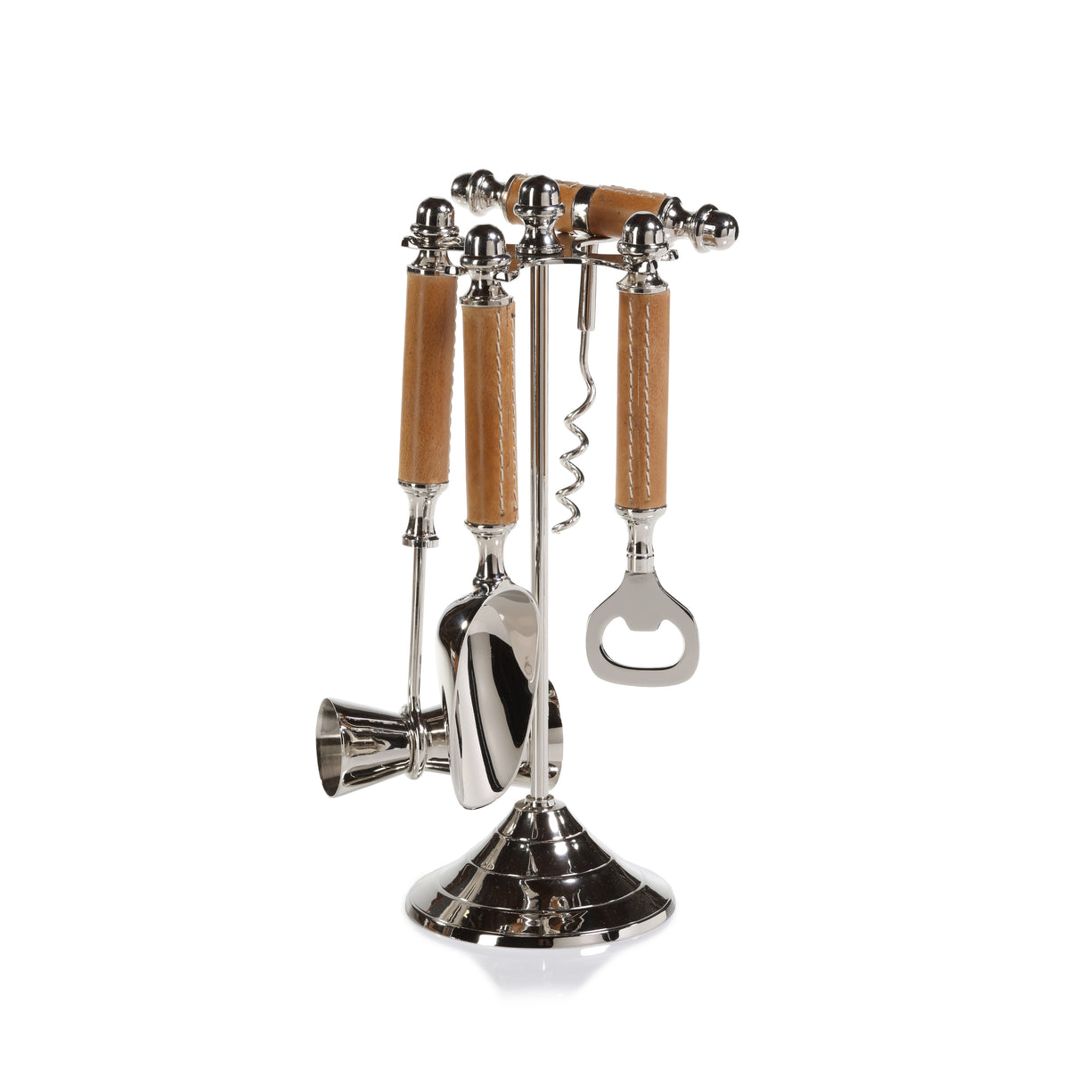Polished Nickel and Leather Bar Tool Set