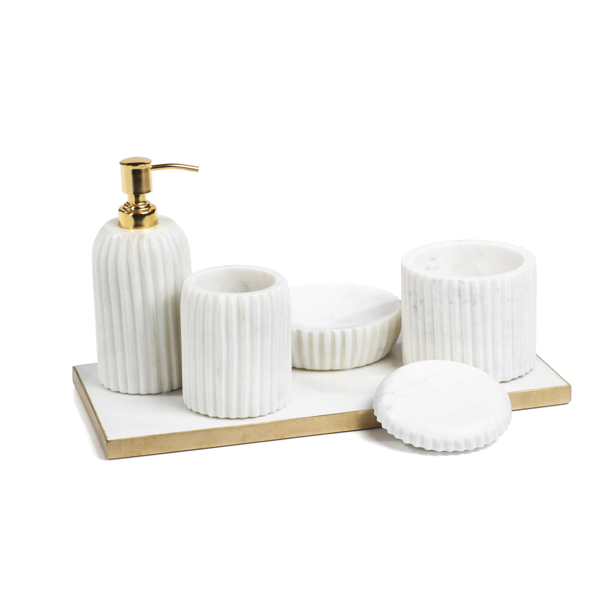 White ceramic bathroom set with gold accents on a white background