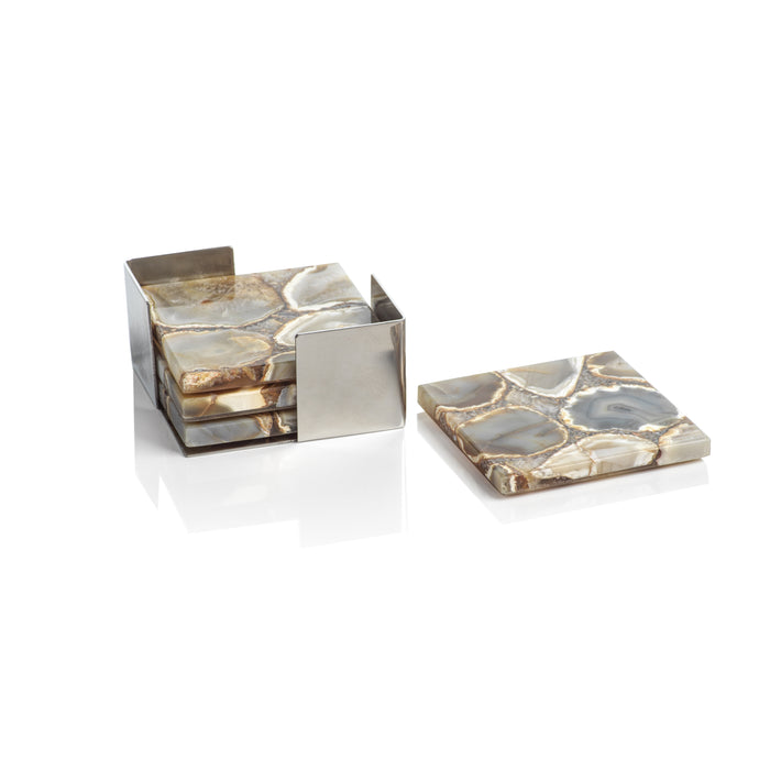 Taupe & Brown Agate Coasters on Metal Tray