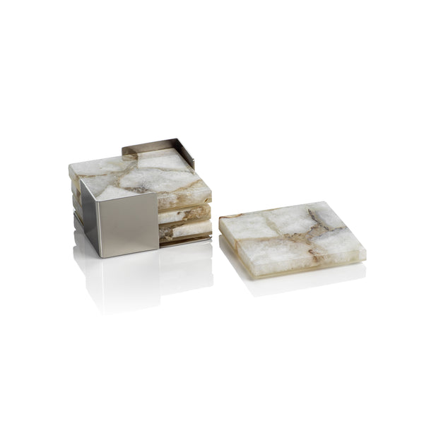 Taupe & White Agate Coasters on Metal Tray