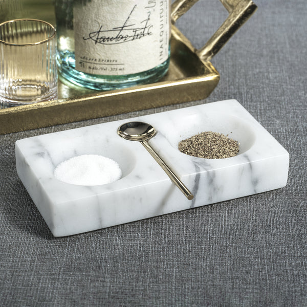 White Marble Salt & Pepper Dish with Spoon