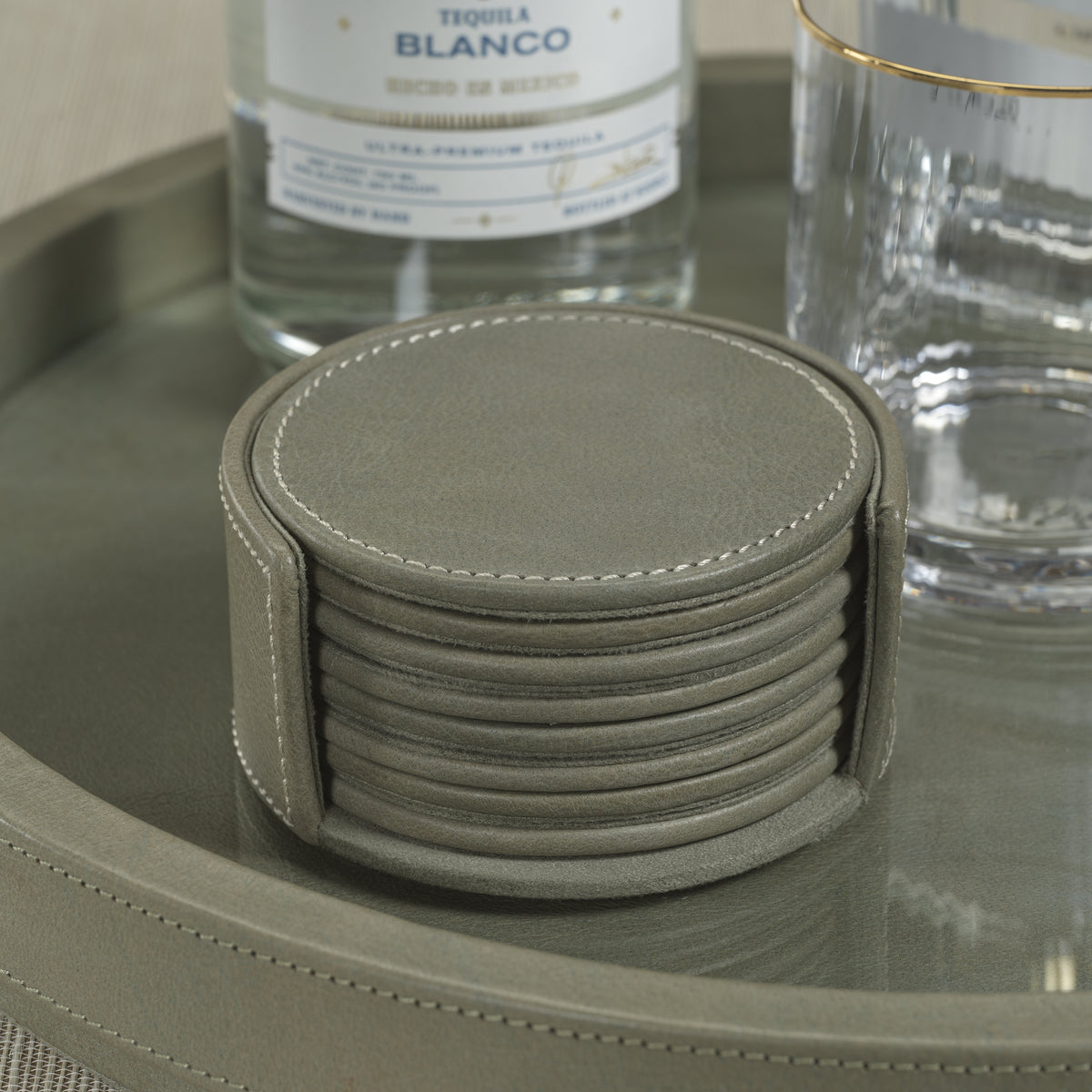 Ruvo Sage Leather Coaster Set