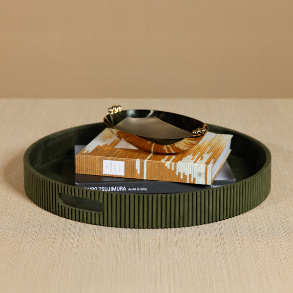 Round Fluted Green Leather Tray