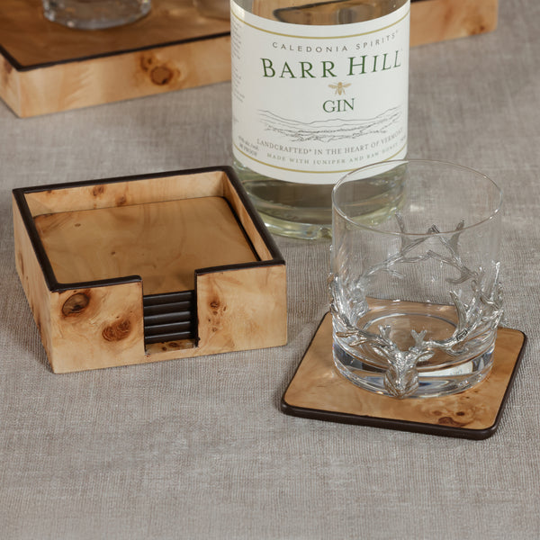 Valerie Burl Square Coasters with Holder, Set of 6