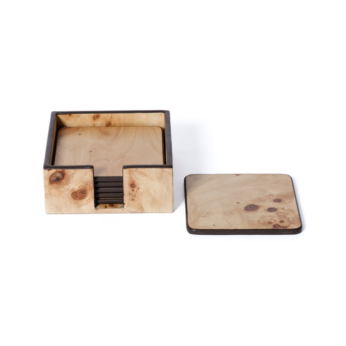 Valerie Burl Square Coasters with Holder, Set of 6