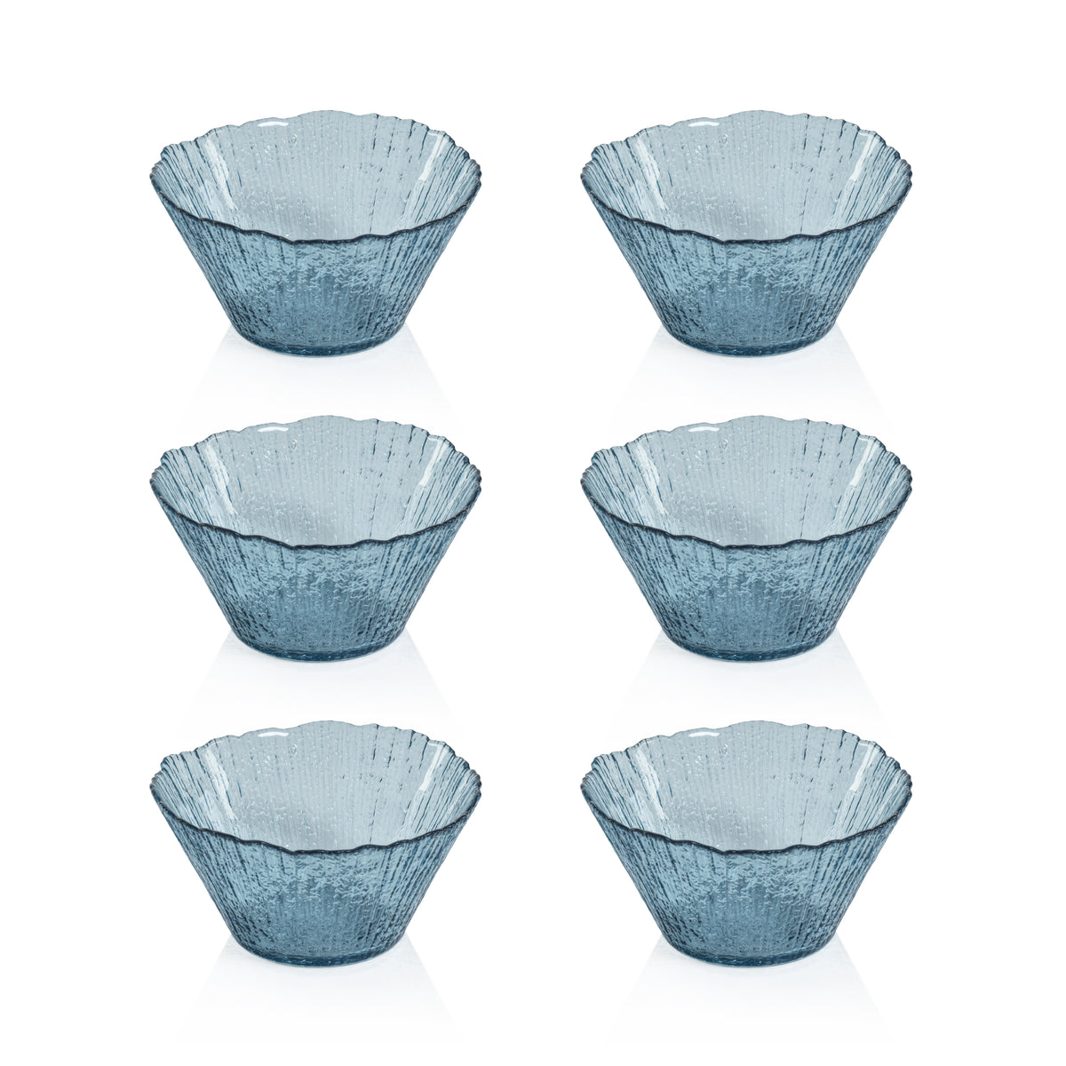Icy Sapphire Blue Tall Glass Bowls, Set of 6