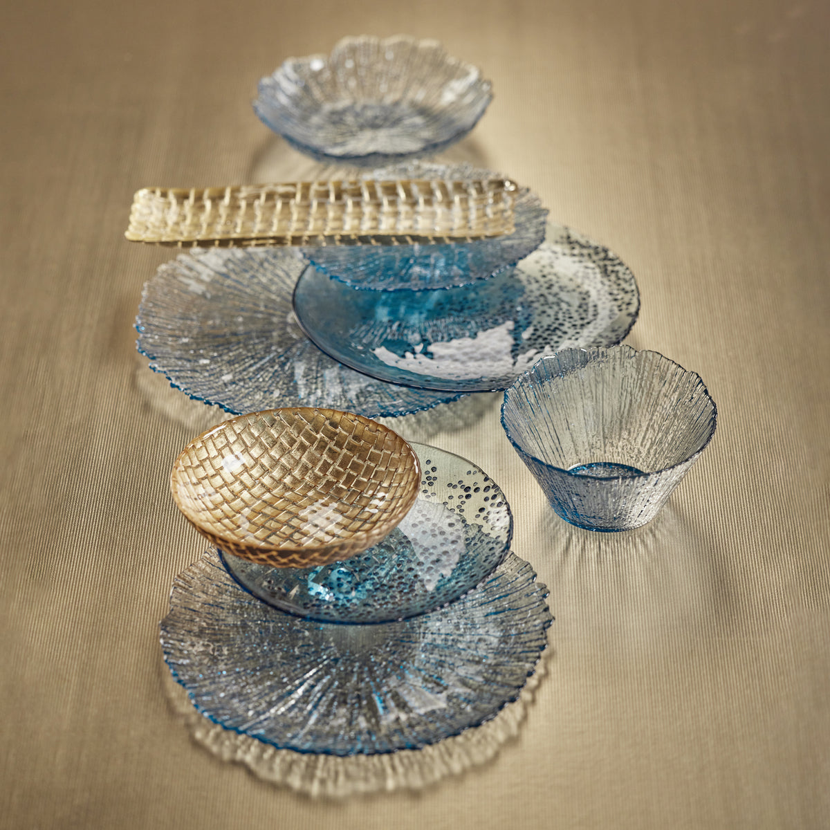 Icy Sapphire Blue Glass Bowls, Set of 6